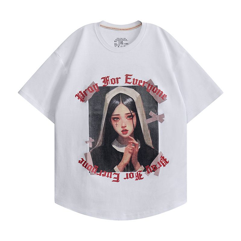 High street hip-hop character print short sleeved men's trendy brand loose couple casual t-shirt_viptrois.com