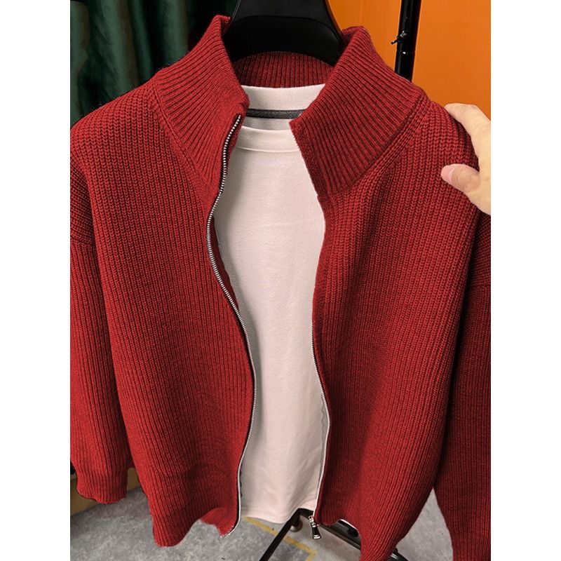 men's stand collar zipup knit cardigan – slim fit winter sweater (black/red/grey/apricot, m3xl)_viptrois.com
