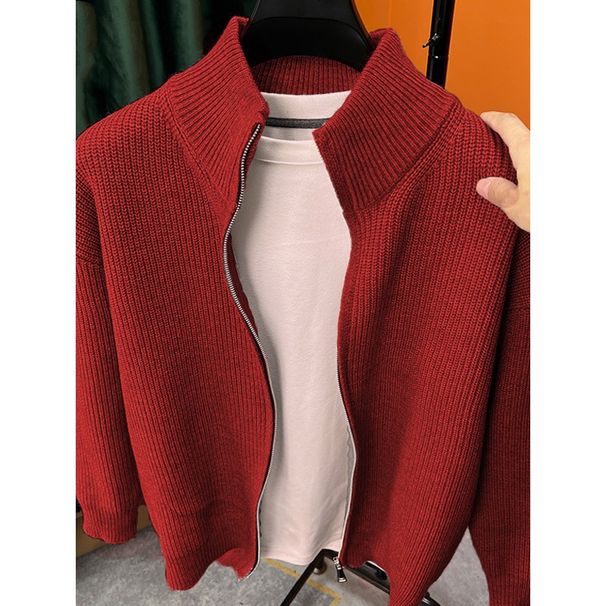 men's stand collar zipup knit cardigan – slim fit winter sweater (black/red/grey/apricot, m3xl)_viptrois.com
