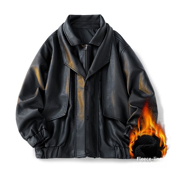 Leather Jacket Men's Leather Jacket Fleece Thickened Casual Jacket Korean Version Green_viptrois.com