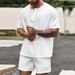 Men's Clothing Suits Summer Loose Casual Solid Color V Neck Short Sleeved Shirt Shorts Two Piece Suit_viptrois.com