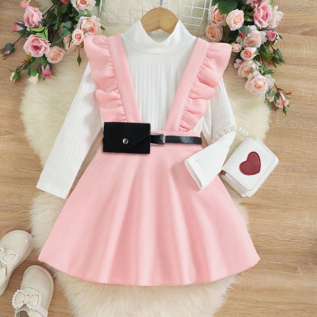 Children's clothing thousand gold style knitted bottom suede strap skirt Fanny pack three-piece girls' suit_viptrois.com