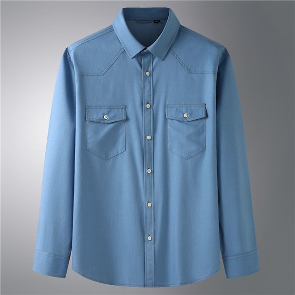 Men's Clothing Elastic Denim Long Sleeved Shirt Fat Guy Spring And Autumn New Casual Fashion Multi Pocket Shirt_viptrois.com