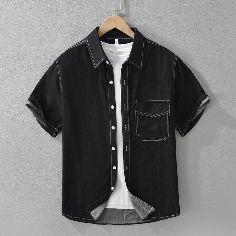 Retro Denim Short Sleeved Shirt For Men, Fashionable And Versatile, Artistic And Casual Loose Top_viptrois.com