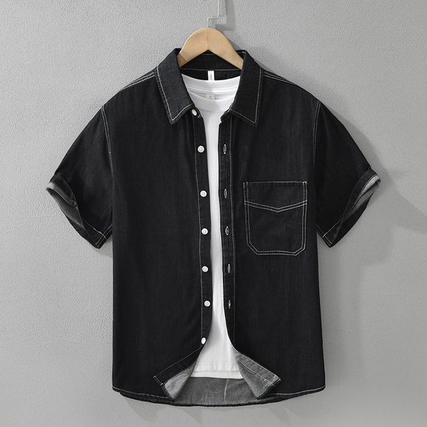 Retro Denim Short Sleeved Shirt For Men, Fashionable And Versatile, Artistic And Casual Loose Top_viptrois.com