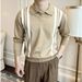 Men's British-Inspired Striped Knit Polo Shirt - Breathable Stretch Polyester Slim Fit Long Sleeve Top With Ribbed Hem (White, Black, Khaki)_viptrois.com
