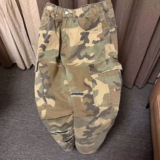 Heavy Camouflage Silhouette Overalls Men's And Women's Retro Patch Ripped Scimitar Pants Trendy Brand Big Pocket Straight Trousers_viptrois.com