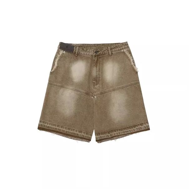 Men's Clothing Retro Washed Denim Shorts Zipper Ribbon Decoration Raw Edge Shorts Men's Casual Shorts_viptrois.com