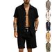 Men's Summer Linen Jacquard Shirt And Beach Shorts Set Loose Striped Short Sleeved Cross Border European American Style_viptrois.com