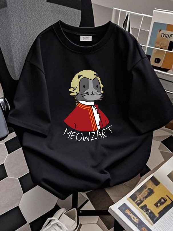 Meowzart T-shirt Funny Cat & Classic Music Mozart Tee Unisex T-shirt Fashion Stretched Top For Everyday Wear Summer Stylish Comfortable Soft_viptrois.com