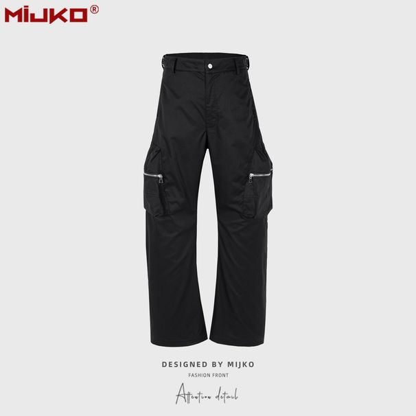 Men's and women's urban black casual trousers, trendy men's and women's same three-dimensional pockets and micro-flare zipper overalls_viptrois.com