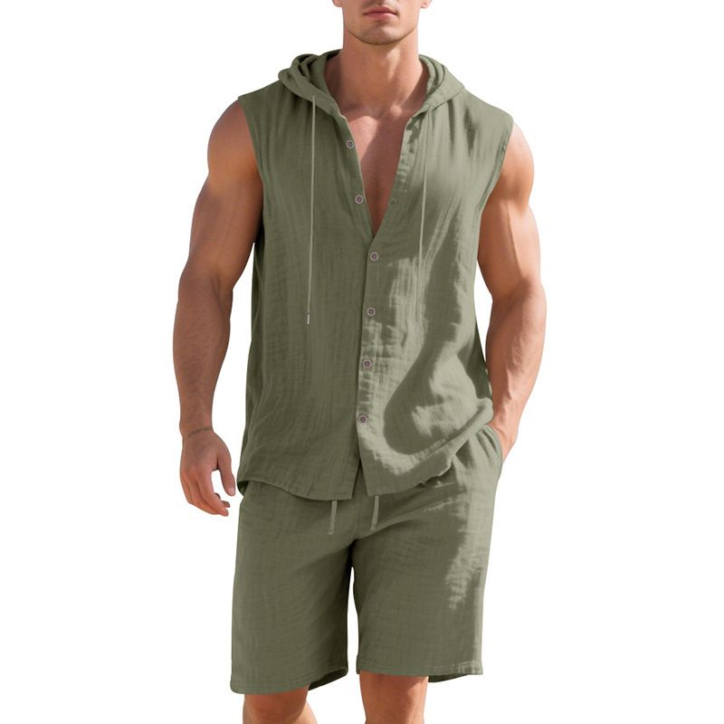Men's Clothing Men's Linen Summer Two Piece Set Loose Casual Simple Hooded Sleeveless Shirt And Shorts Suit_viptrois.com
