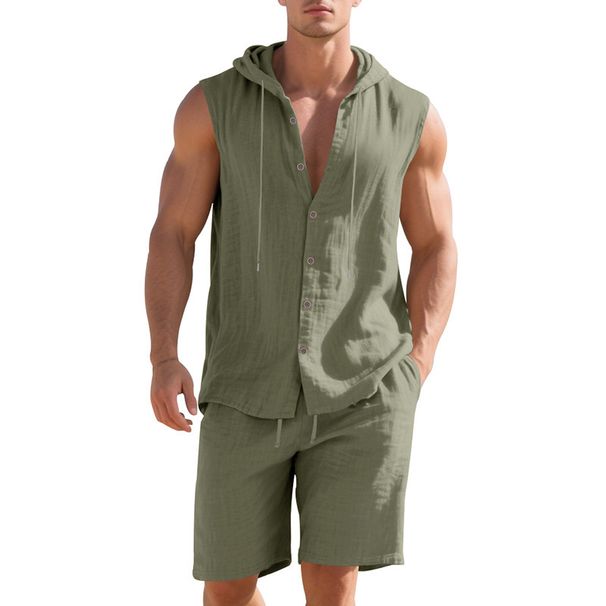 Men's Clothing Men's Linen Summer Two Piece Set Loose Casual Simple Hooded Sleeveless Shirt And Shorts Suit_viptrois.com