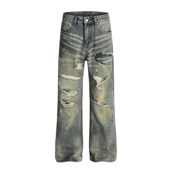 Wasteland Punk Distressed Washed Jeans For Men Trendy Beggar Vintage Dirty Paint Splatter Straight Long Pants_viptrois.com