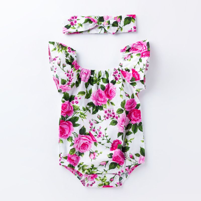 Children's clohing girl rose woven coon sleeveless jumpsui baby floral small flying sleeve climbing sui headwear_viptrois.com