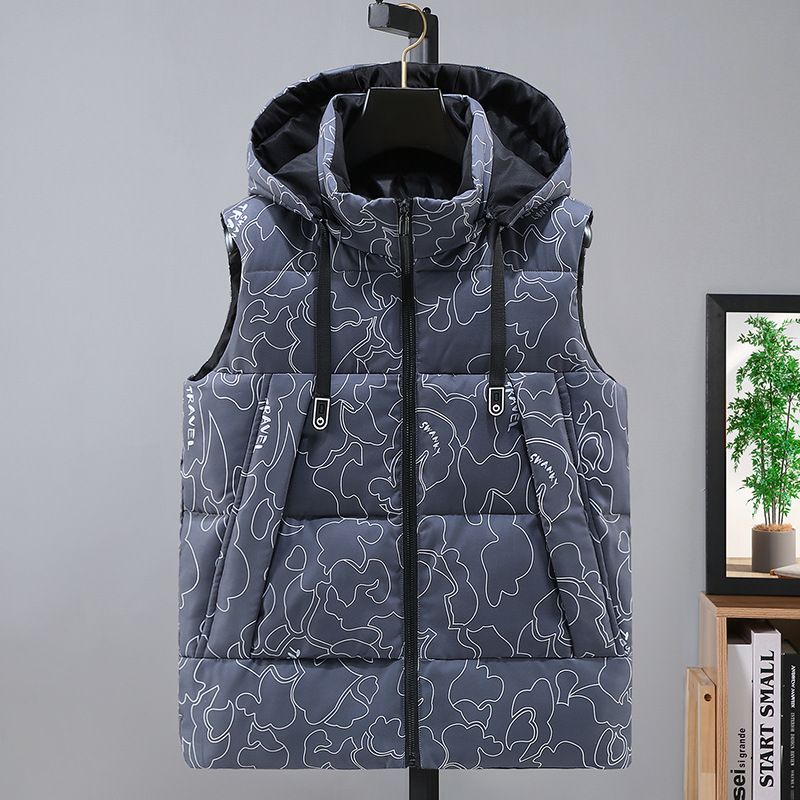 Men's Camo Detachable Hood Winter Vest - Lightweight Polyester Padded Jacket For Outdoor & Casual Wear (Grey/Black/Blue)_viptrois.com