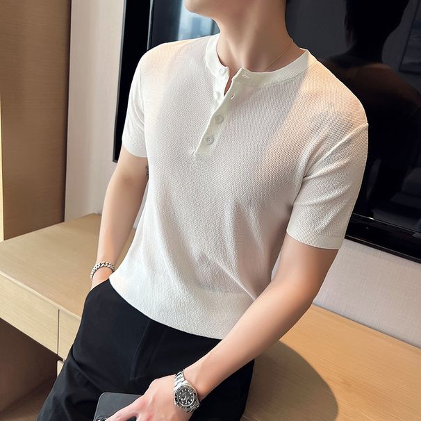 Summer Thin Stand Up Collar Dark Striped Short Breathable Men's Youth Korean Version Slim Fit Half Sleeved Knitted Polo_viptrois.com