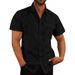 Men's Clothing Short Sleeved Shirt Solid Color Patch Pocket Cardigan Loose Lapel Linen Shirt_viptrois.com