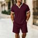 Men's Waffle Knit V-Neck T-Shirt & Shorts Set - Breathable, Comfortable, Casual Summer Outfit (Multiple Colors & Sizes)_viptrois.com