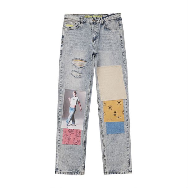 Smiley Bear Hayley Sticker Trend Loose Hip Hop Trousers Jeans Ins Loose Straight Men_viptrois.com
