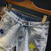 Men's Clothing Destroyed Sewing Denim Shorts Men Summer Thin Light Blue Shorts Printed Loose Five Point Casual Pants_viptrois.com