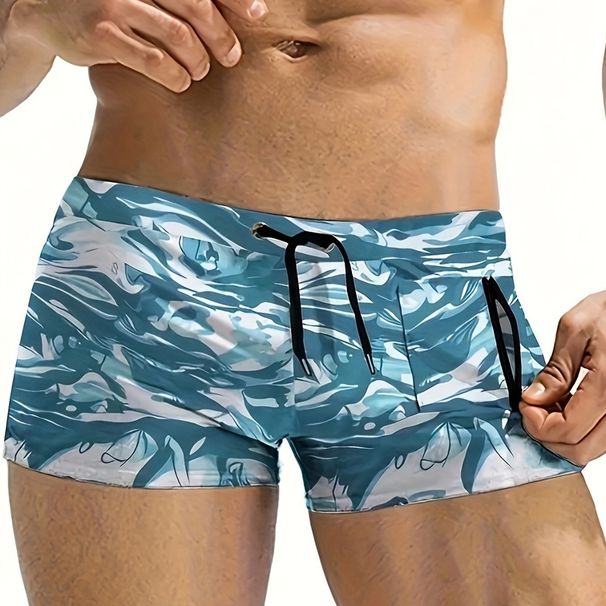 Men's Clothing New Blue Camouflage Print Zipper Tether Four Corner Men's Swimming Beach Pants_viptrois.com