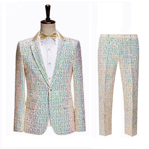 Men's Clothing men's slim champagne sequined dress suit stage performance suit host anchor catwalk suit_viptrois.com