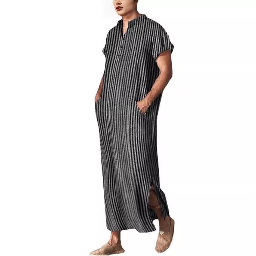 Men's Clothing Men's Loose Striped Short Sleeved Robe Shirt Ethnic Style_viptrois.com