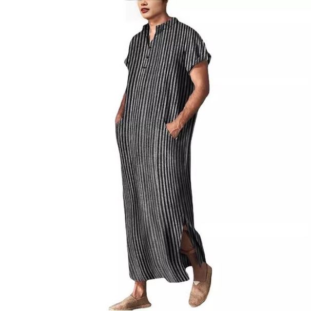 Men's Clothing Men's Loose Striped Short Sleeved Robe Shirt Ethnic Style_viptrois.com