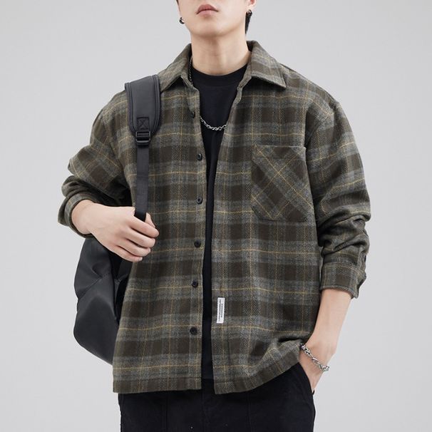 Nordmann High-End Light Mature Handsome Plaid Casual Autumn Brushed Heavy Loose Workwear Long Sleeve Shirt Jacket Men_viptrois.com
