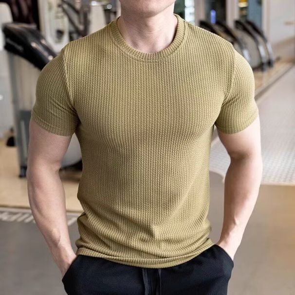 Men's Clothing Slim Fit Crew Neck T-Shirt Quick Drying Sports Fitness Top With Textured Cuffs Elastic Short Sleeve T-Shirt For Summer_viptrois.com