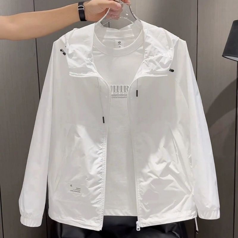 Men's Summer Hooded Jacket - Lightweight Sun Protection Coat, Loose Fit Casual Streetwear Zipper Windbreaker (White, M-3XL)_viptrois.com