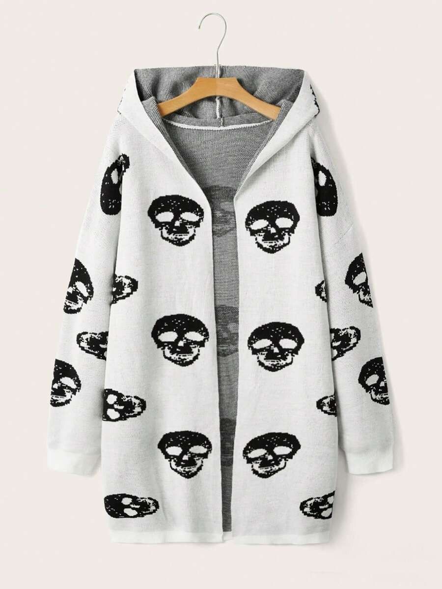 Unisex Gothic Skull Jacquard Hooded Cardigan – Oversized Long Knit Sweater (Black/White/Red, M-XL)_viptrois.com