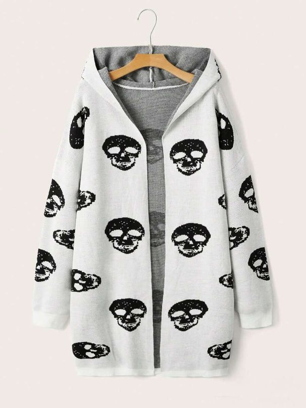 Unisex Gothic Skull Jacquard Hooded Cardigan – Oversized Long Knit Sweater (Black/White/Red, M-XL)_viptrois.com