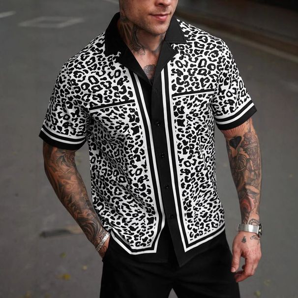 Men's Clothing Tops Summer Cardigan Leopard Print Four Sided Stretch 3d Printing Casual Young Men's Short Sleeved Shirt_viptrois.com