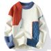 Men’s Patchwork Knit Sweater – Oversized Color Block Pullover, Machine Washable Polyester Blend (Winter Streetwear, Youth Fashion, Unisex Casual)_viptrois.com
