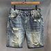 Hong Kong Version High-end Cotton Texture Vintage Washed Ripped Denim For Men, Summer Thin Straight-leg Knee-length_viptrois.com