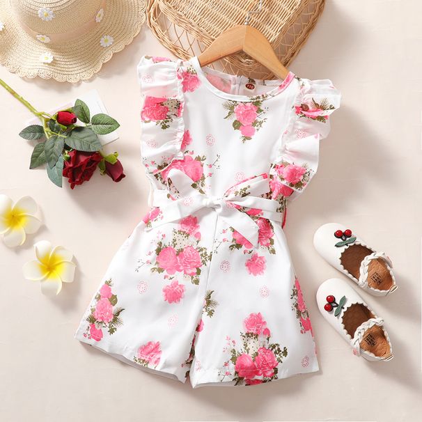 Babies' clothes Summer baby girl printed ruffled jumpsuit female treasure flower belt jumpsuit sleeveless jumpsuit tide_viptrois.com