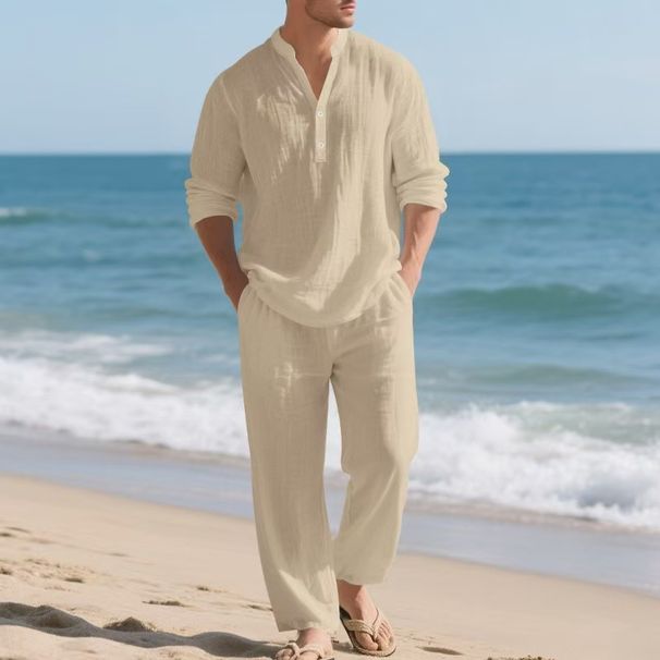 Men's Linen Long Sleeve T-Shirt & Pants Set - Relaxed Fit Casual Outfit (S-XXXL) - Black/White/Sky Blue/Navy/Khaki/Olive_viptrois.com