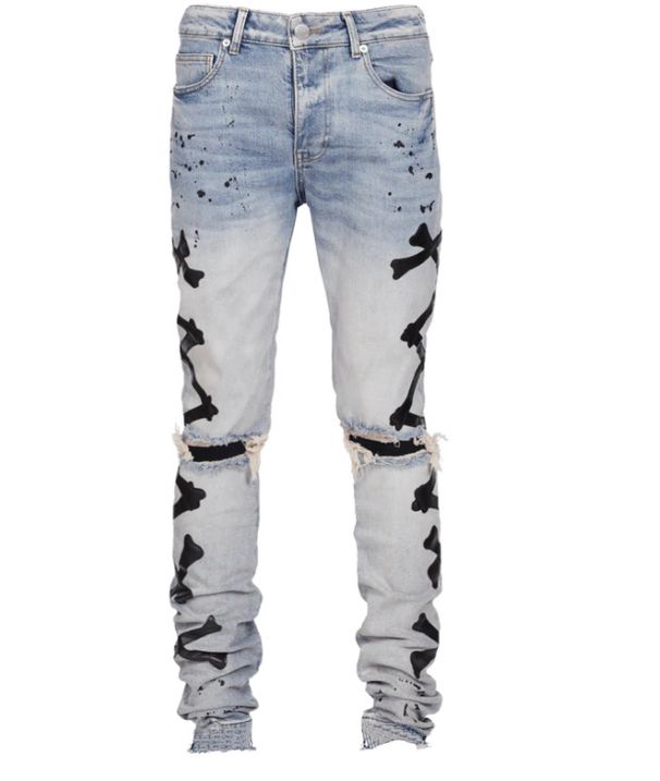 Men's Clothing Ripped Print Stretch Jeans Bone Print Trend New Style One Piece Replacement_viptrois.com