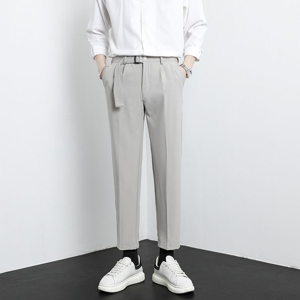 Men's Casual Suit Trousers High-End Straight Leg with Built-In Belt Loose Fitting Cropped for Spring And Autumn_viptrois.com