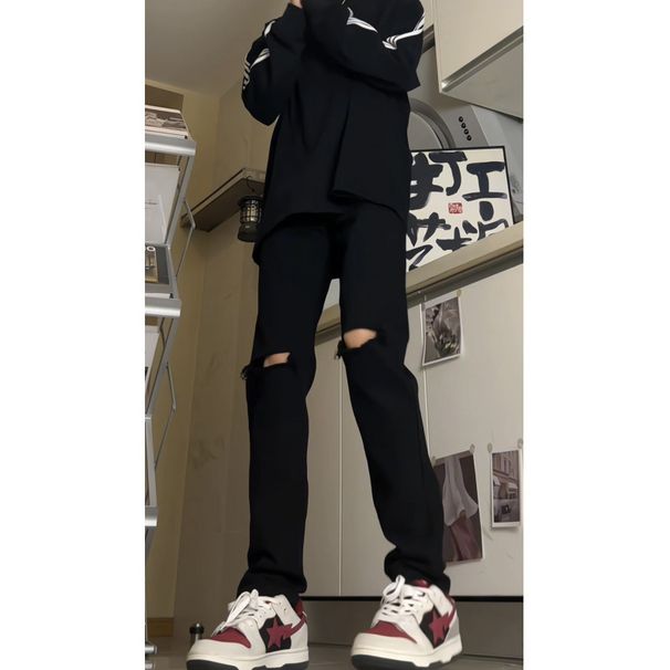 Hong Kong Trendy Brand Destroyed Pants High Street Casual Versatile Ripped Slim Fit Stretch Skinny Jeans For Men_viptrois.com