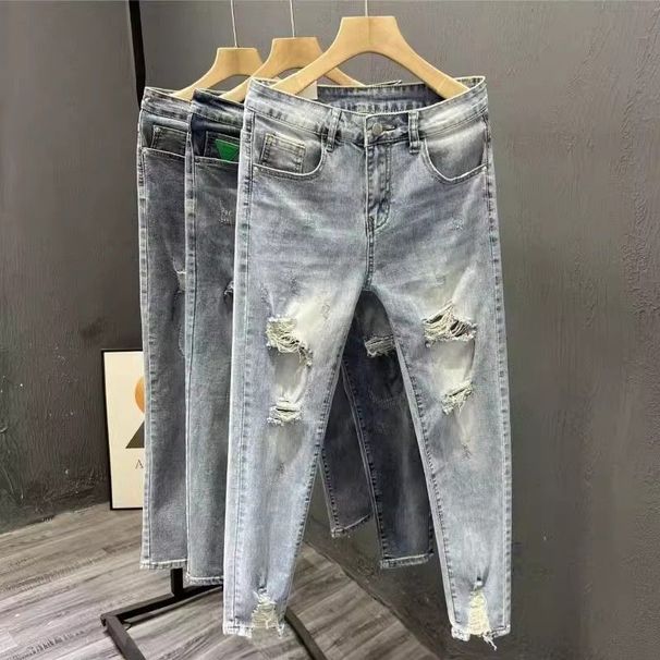 Ins Korean Version Men's Ripped Hole Slim Fit Nine Inch Jeans Summer Youth Fashion Light Blue Rotten Legs Tight Fitting_viptrois.com