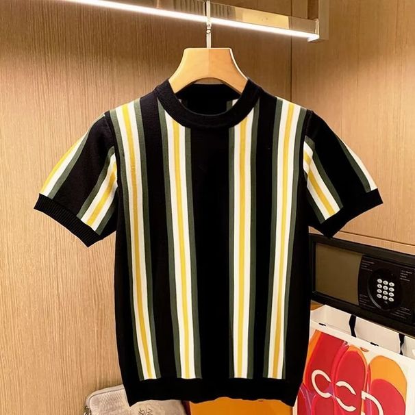 Men's Clothing Summer New Fashion Youth Slim Knitted Short Sleeved Casual Men's Contrasting Clothes Vertical Striped Round Neck T Shirt_viptrois.com