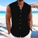Men's Sleeveless Solid Color Shirt European American Style Collared Beach Cardigan Casual Moisture Wicking Sweat Absorbing Light Short-Sleeved Thin_viptrois.com