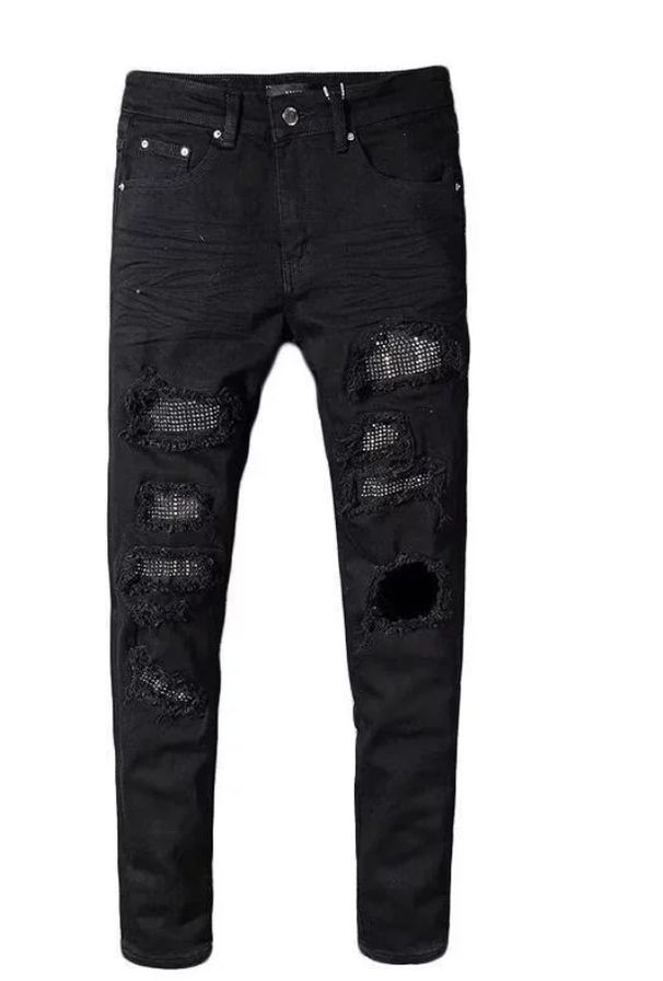 New Trendy High Street Brand Distressed Jeans For Men, Rhinestone Studded Washed And Distressed, Slim Fit Straight Leg._viptrois.com