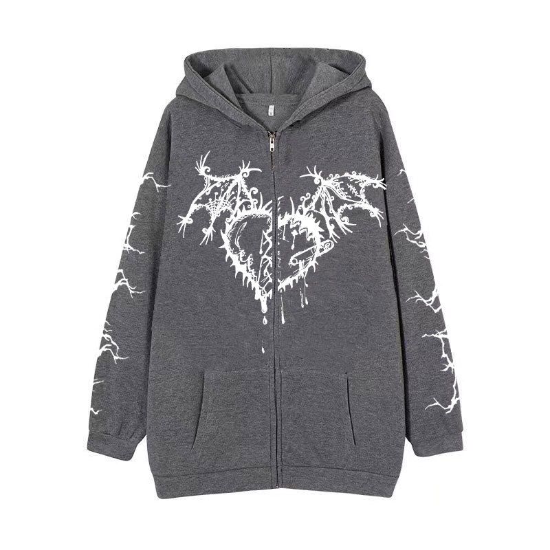 Gothic Hoodie For Women & Men - Dark Aesthetic Zip-Up Sweatshirt With Skull & Butterfly Print - Oversized Unisex Streetwear (Black, White, Gray)_viptrois.com