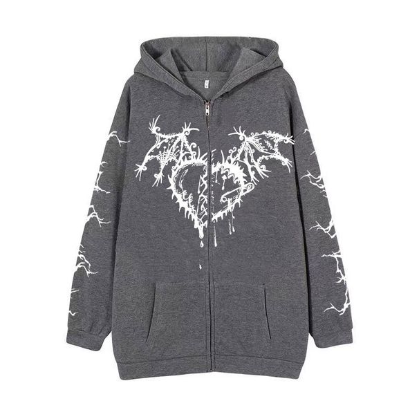 Gothic Hoodie For Women & Men - Dark Aesthetic Zip-Up Sweatshirt With Skull & Butterfly Print - Oversized Unisex Streetwear (Black, White, Gray)_viptrois.com