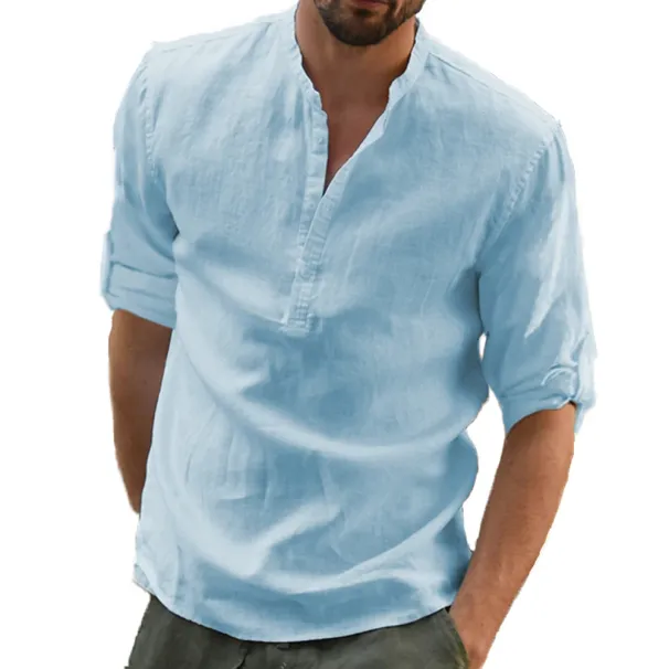 Cotton Hot Sale Long Sleeve Shirts Summer Solid Color Stand Collar Casual Beach Style Plus Size Linen Men's Tops_viptrois.com