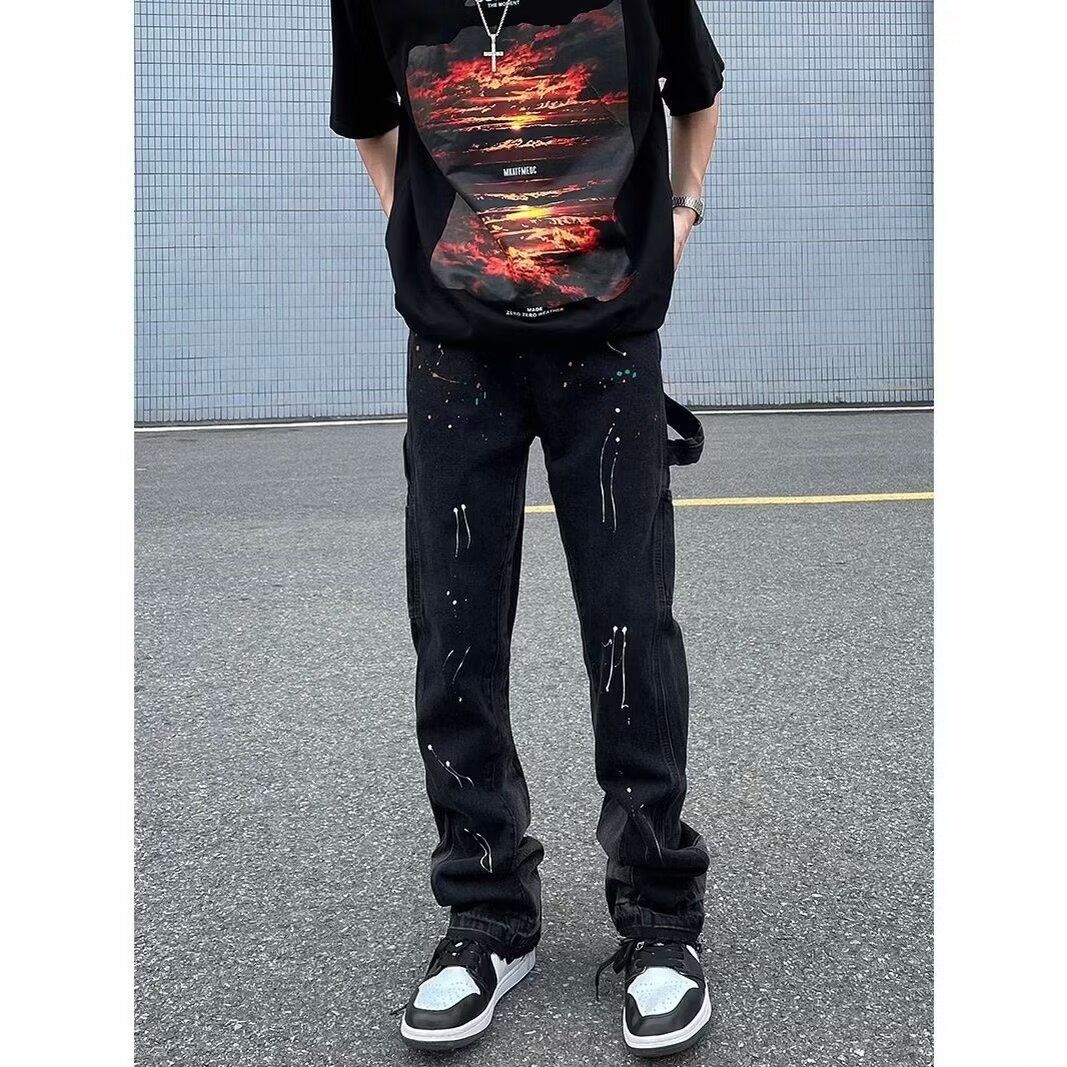 Men's Clothing High Street Ink Splashed Flared Jeans Men's Ins American Retro Vibe Style Loose Straight Leg Mopping Trousers_viptrois.com